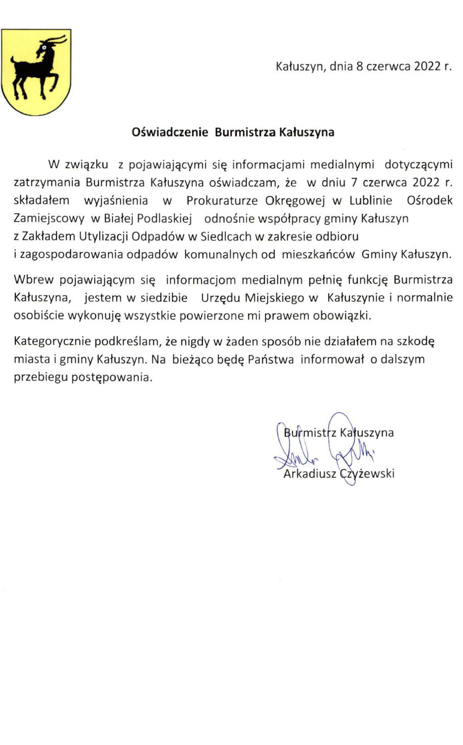 oświadczenie Burmistrza Kałuszyna